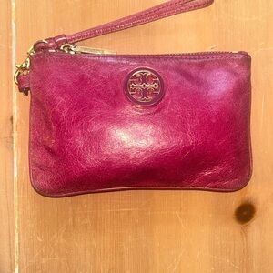 Tory Burch Pink Leather Clutch with Silver Logo